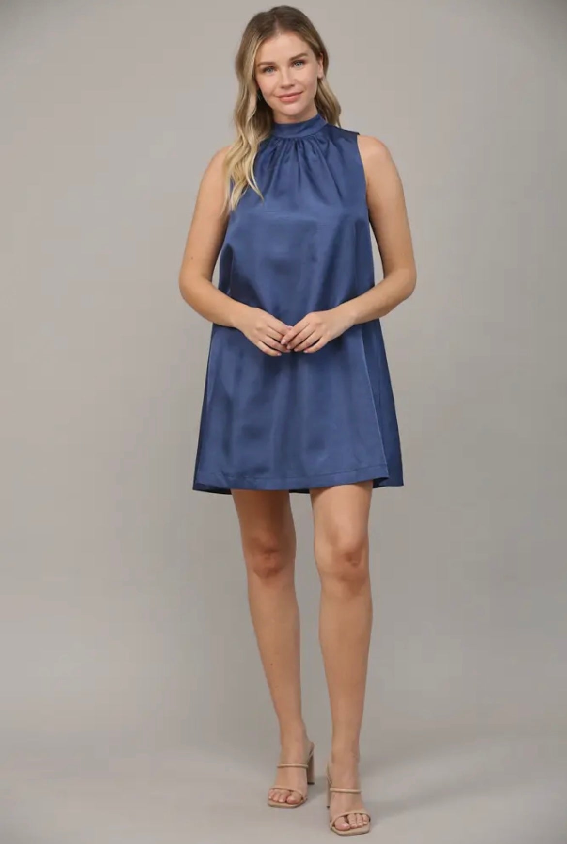Tie Back Halter Neck Satin A-Line
Dress - Navy