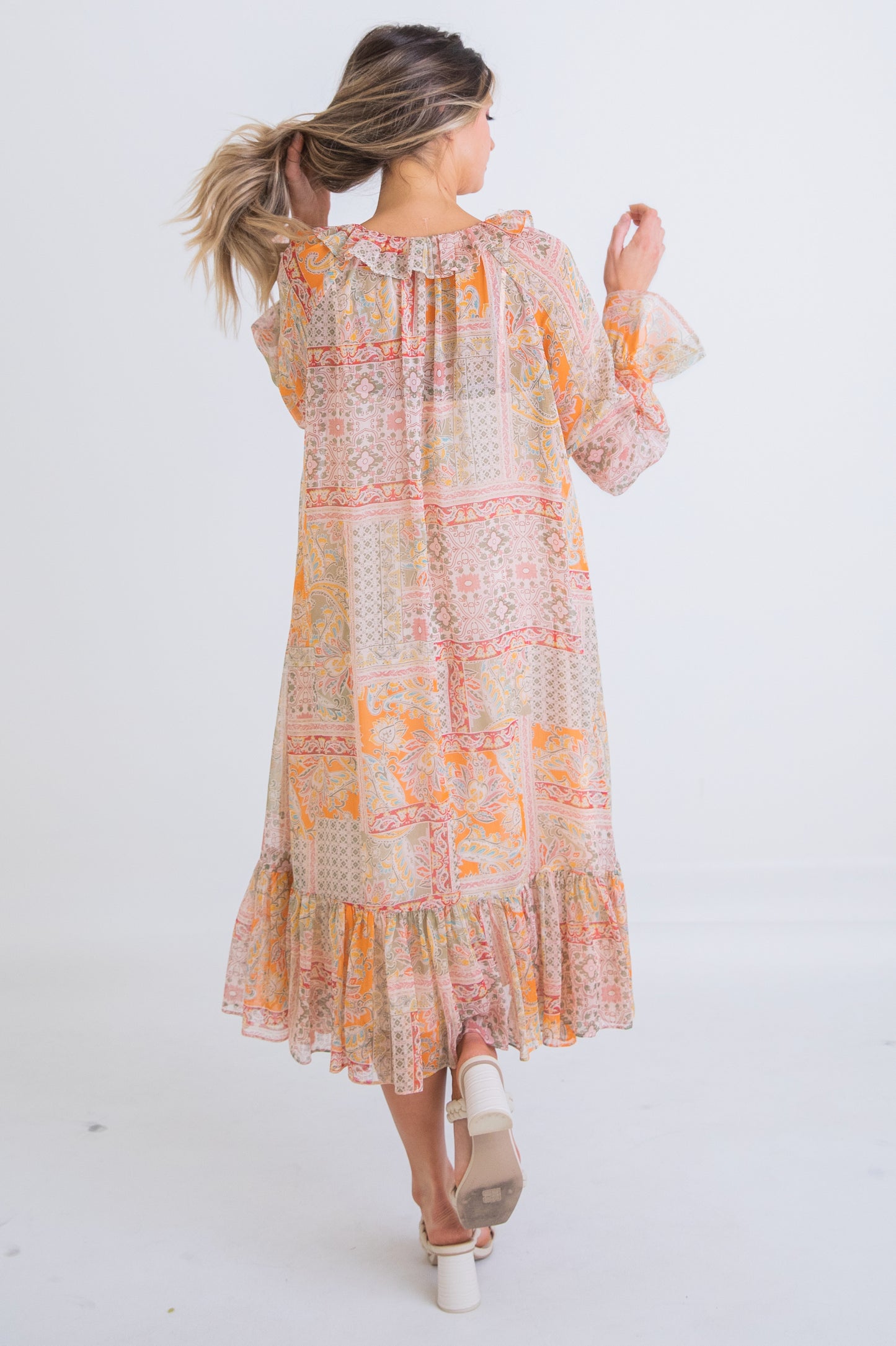 Paisley Chiffon Ruffle Midi Dress