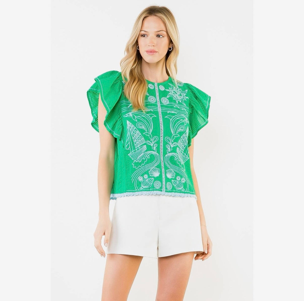 Ruffle sleeve embroidery detail top