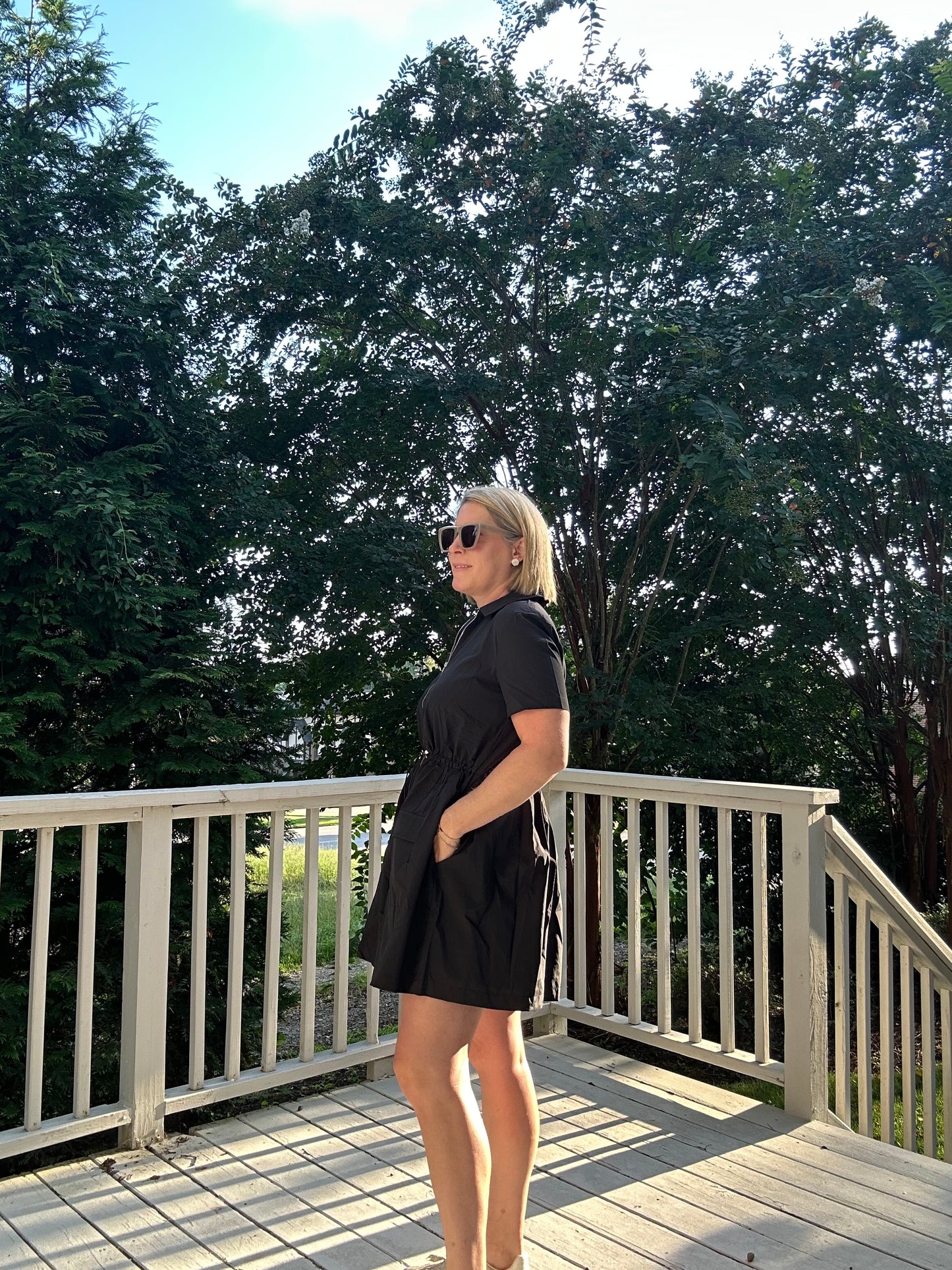 Solid Pocket Cinch Waist Dress
