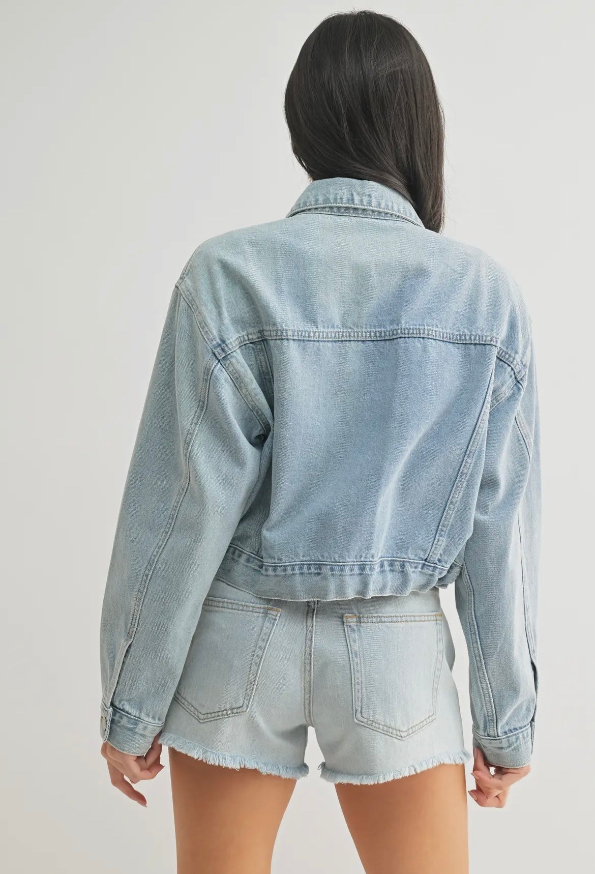 Tied Waist Denim Crop Jacket - Light Denim