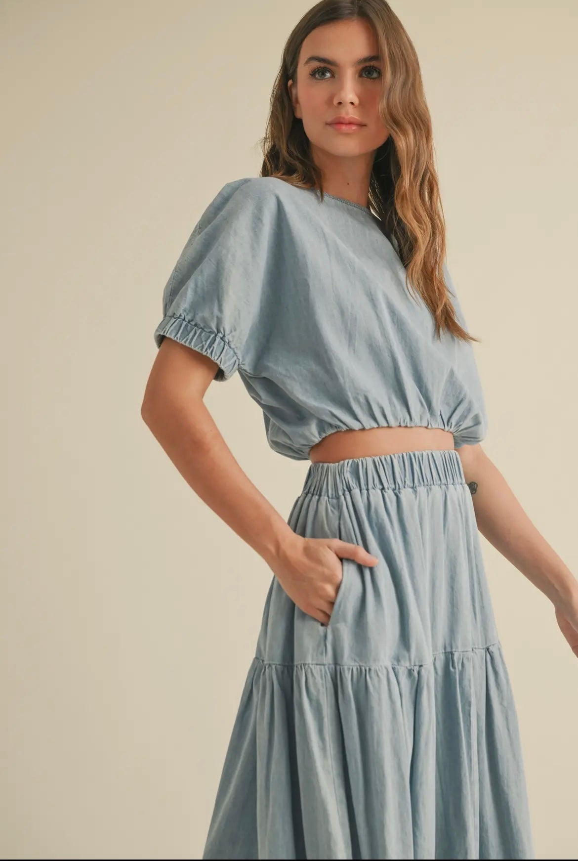 Short Sleeve Cropped Denim Top and Tiered skirt set