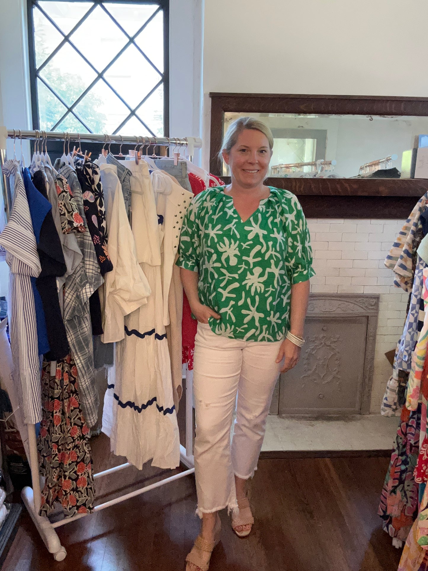 Green + White Abstract print top