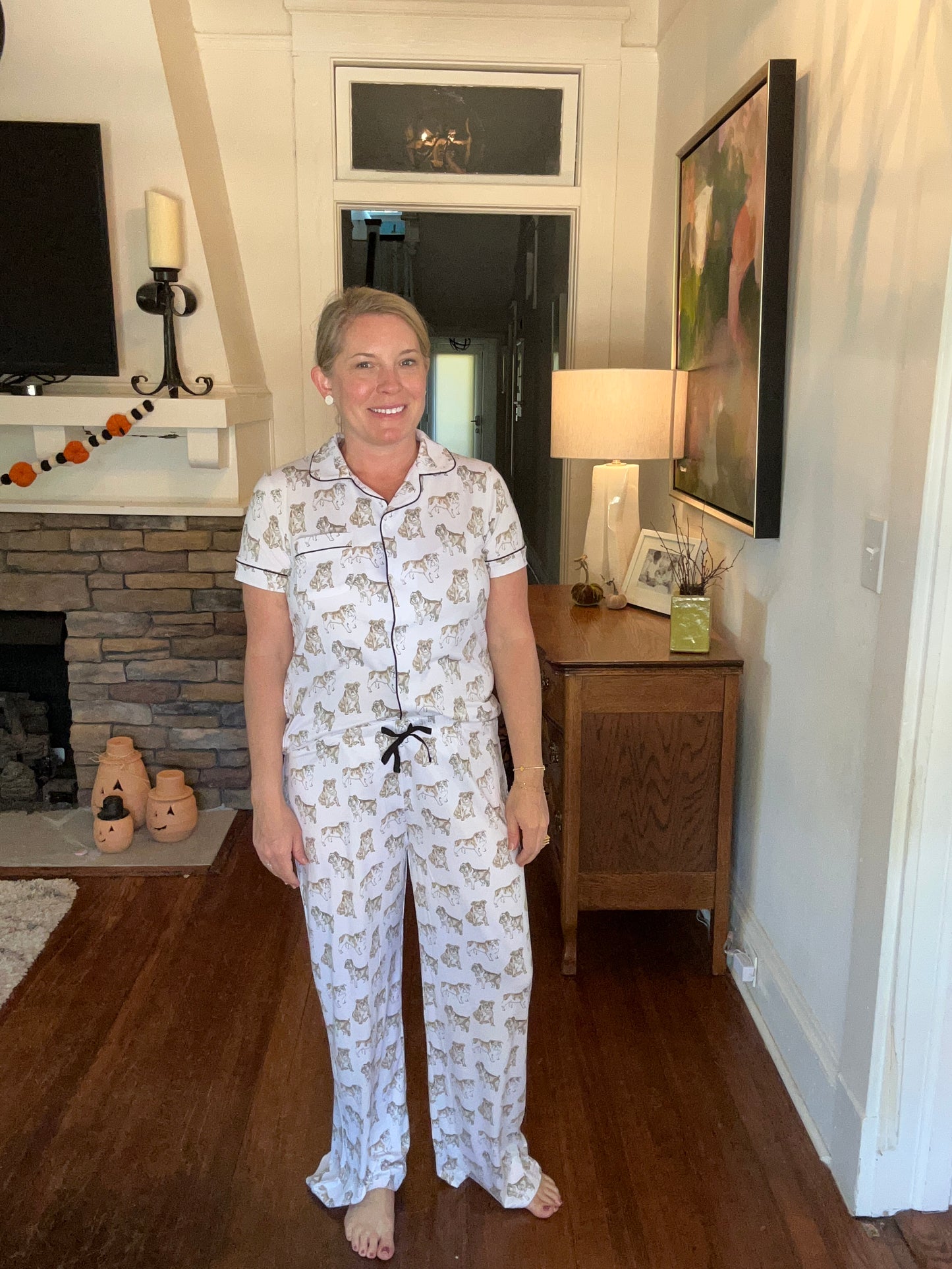 Bulldog Short Sleeve Button Up Sleep Shirt and Pants Set