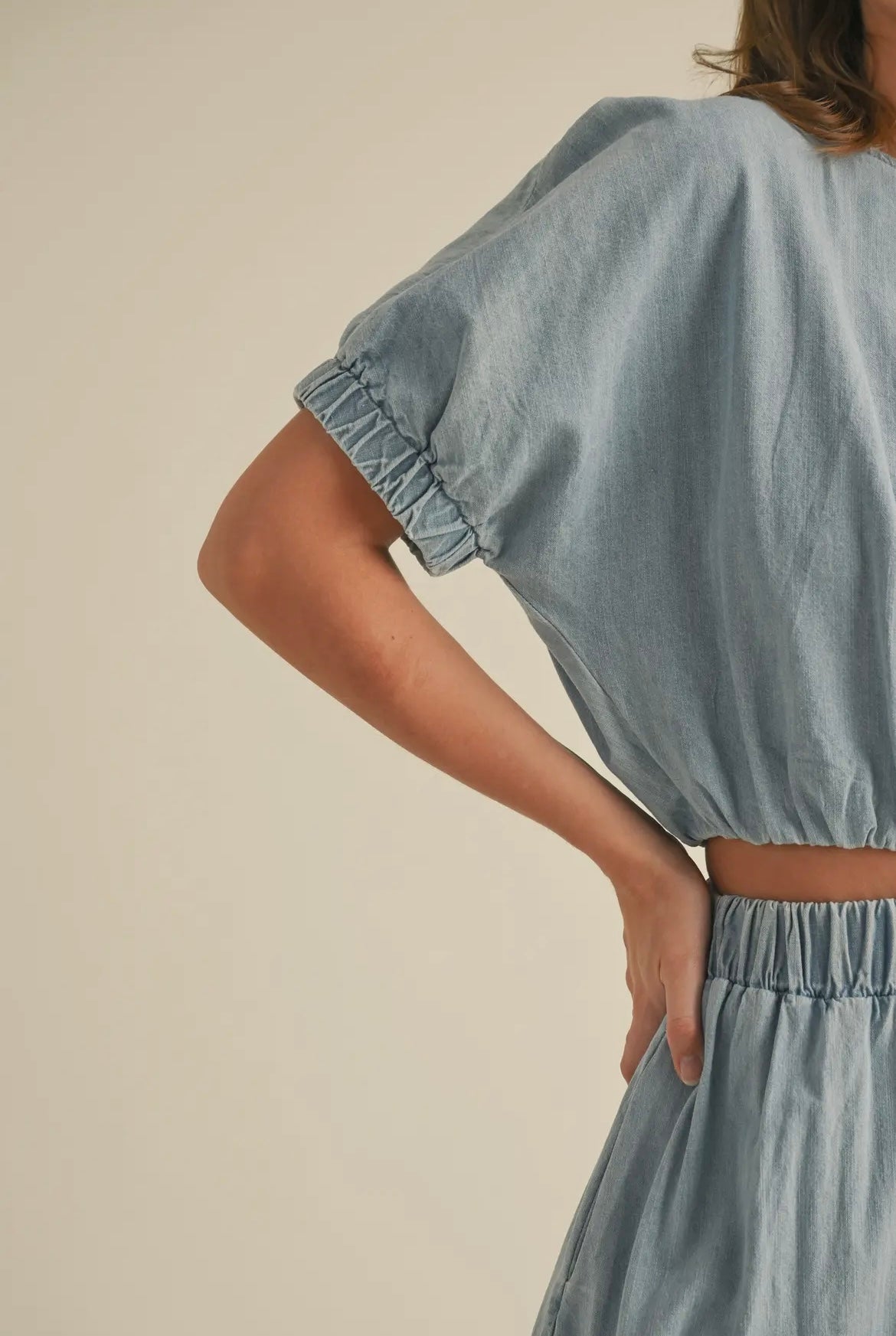 Short Sleeve Cropped Denim Top and Tiered skirt set