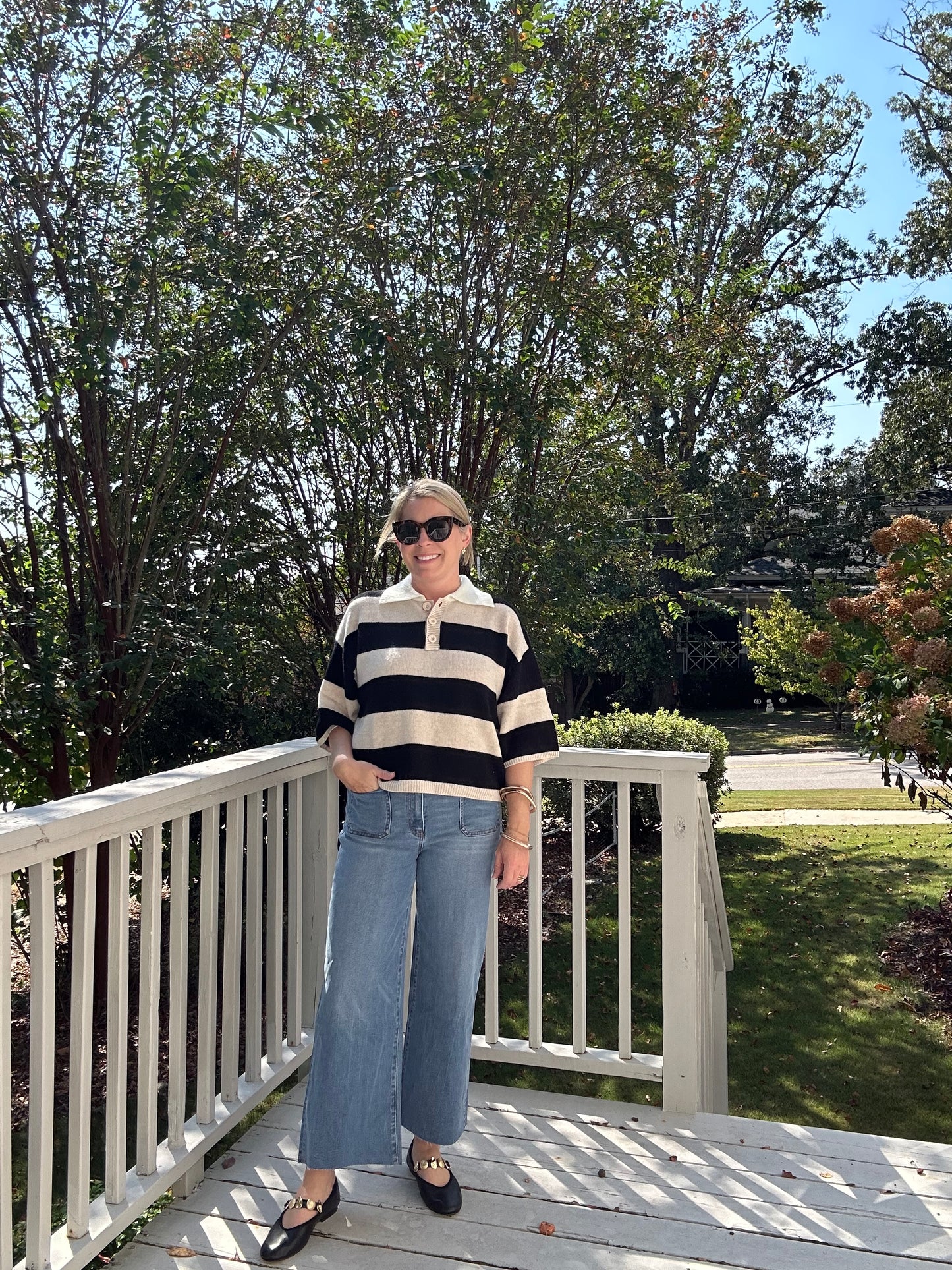 Striped Half Sleeve Polo Knit Top