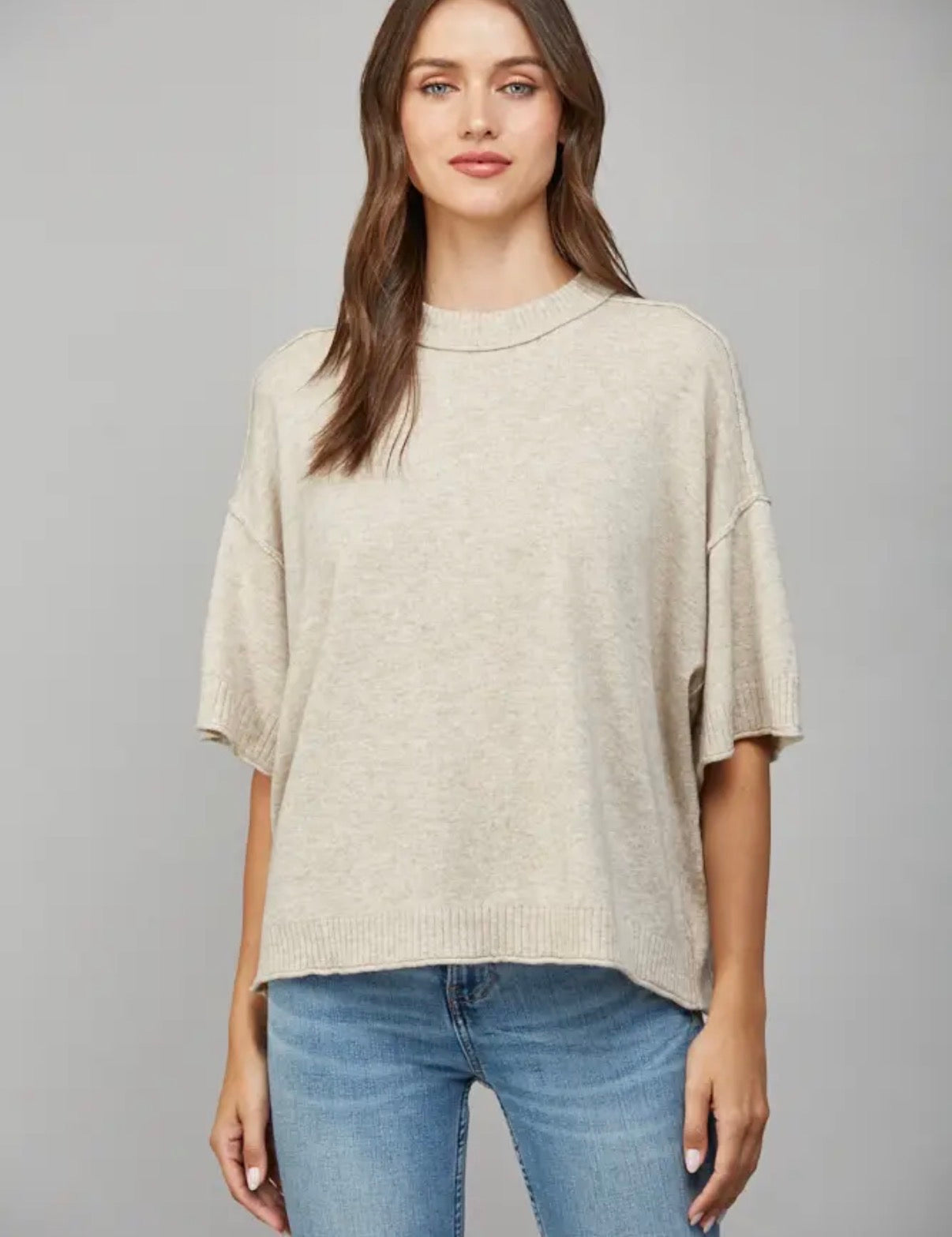 Drop Shoulder Short Sleeve Cashmere Blend Sweater