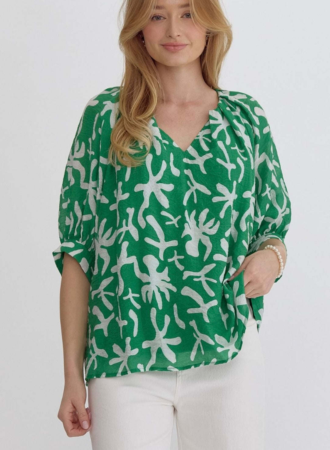 Green + White Abstract print top