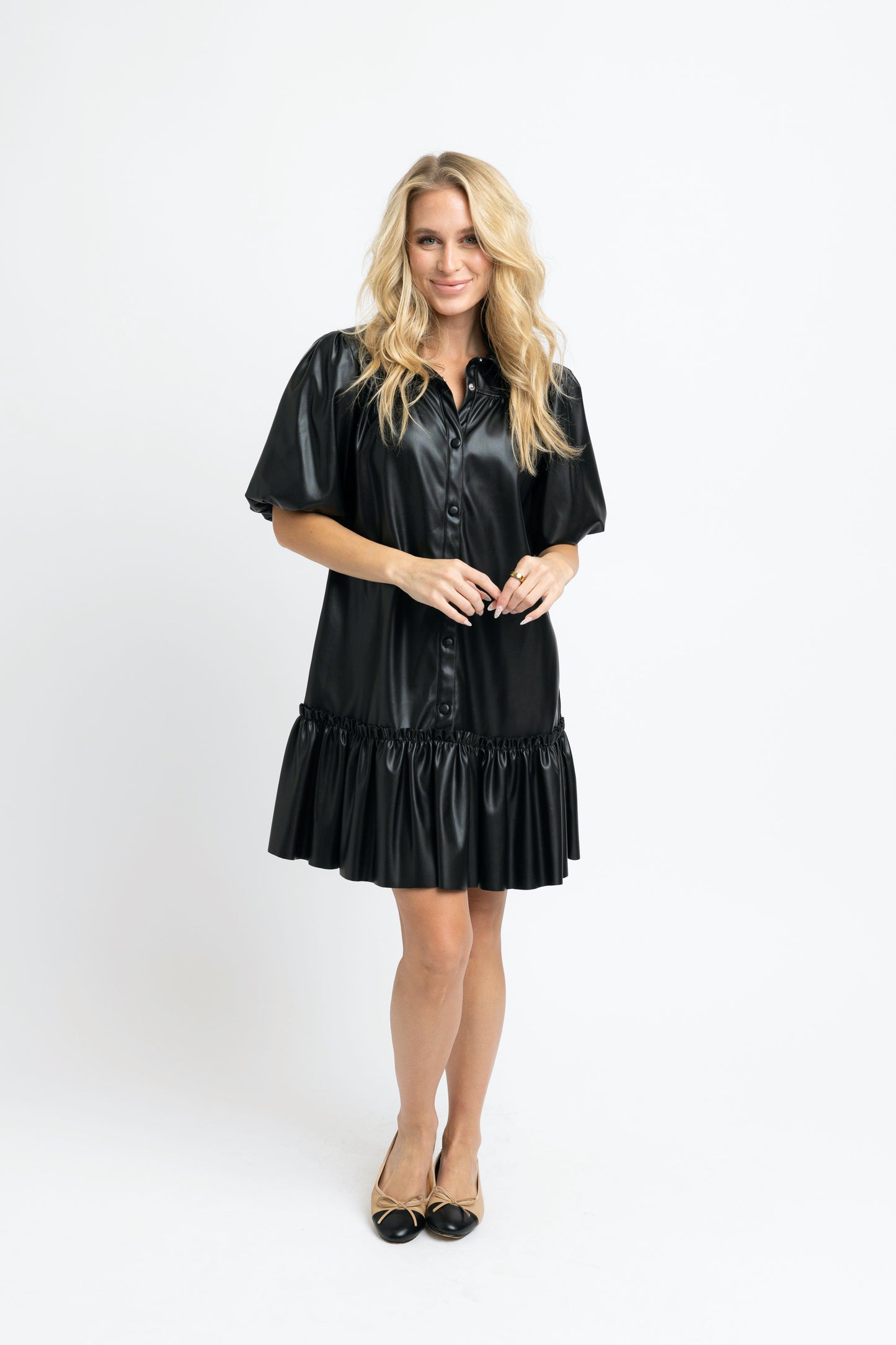 Solid, leather puff sleeve ruffle dress