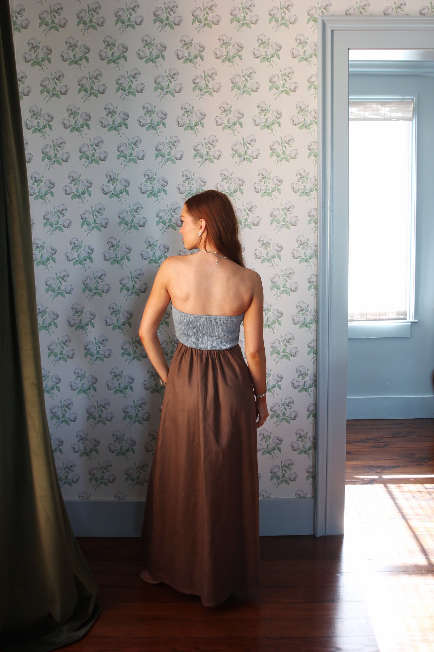Colorblock Linen Bustier Maxi Dress