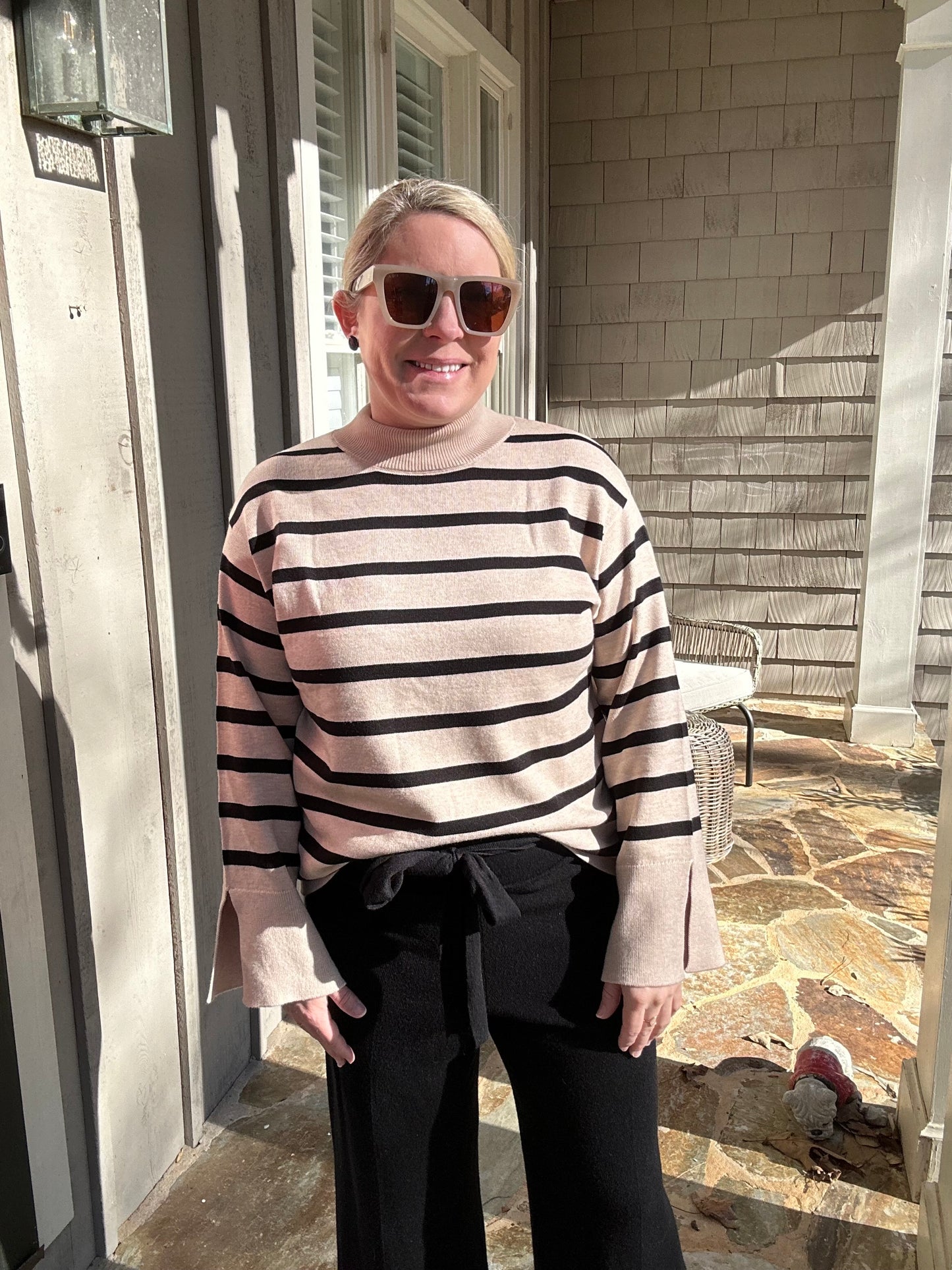 Khaki striped sweater with bell sleeve