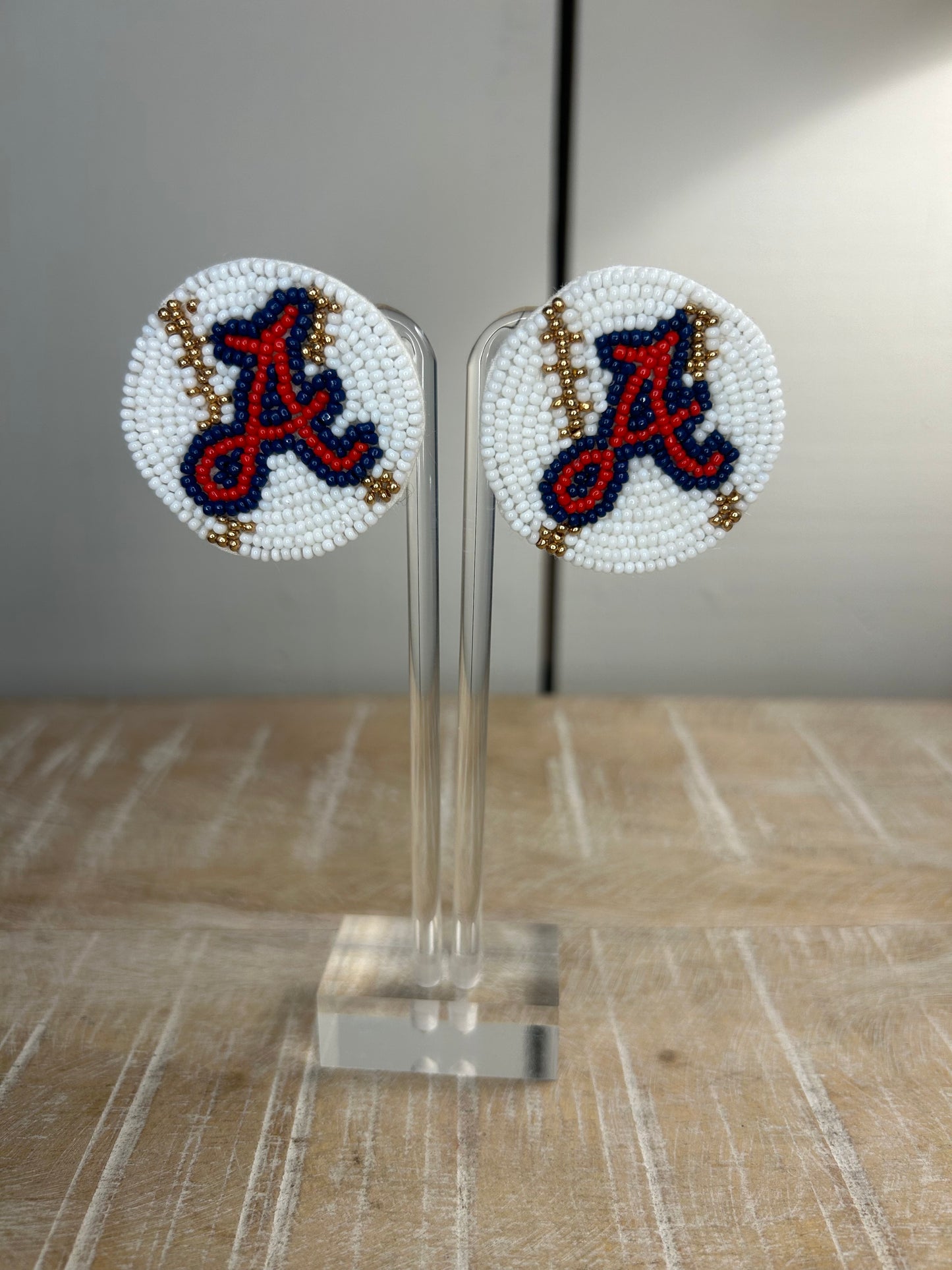 “A” baseball beaded stud earrings