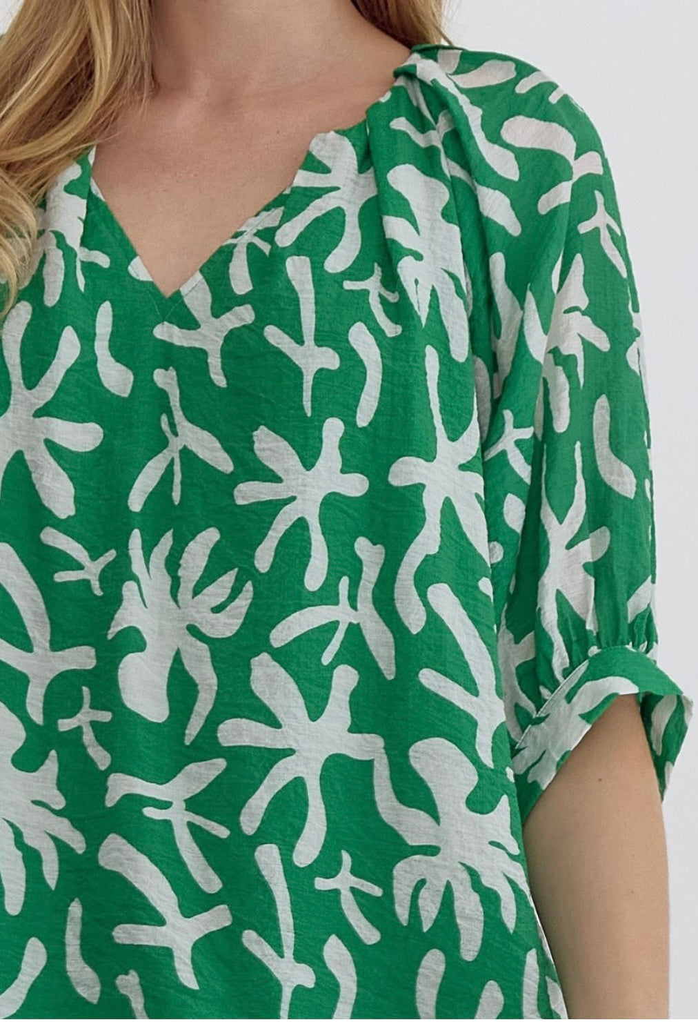 Green + White Abstract print top