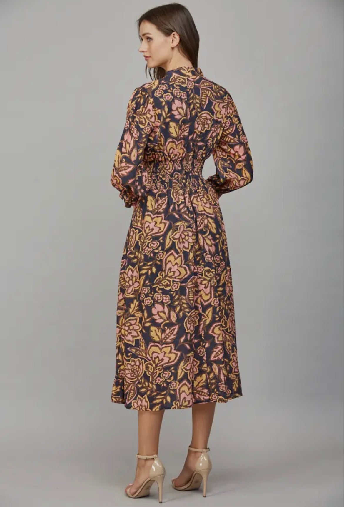 Floral Print Gathered Waist Front Zip Closure Dress