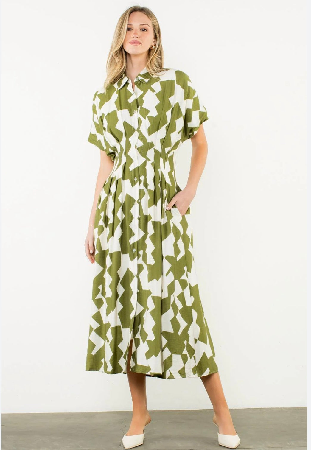 Geometric Button-down Short Sleeve Dress