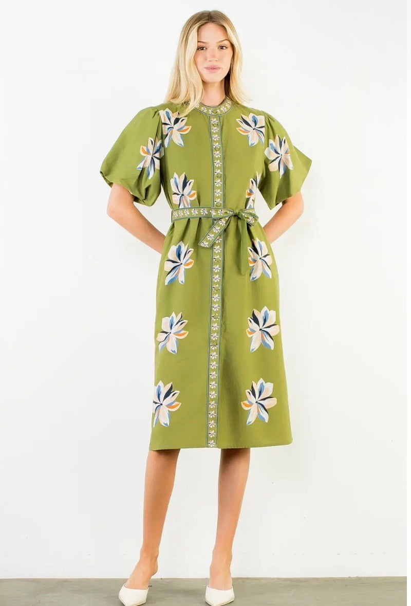 Midi Floral Dress with Tie Waist