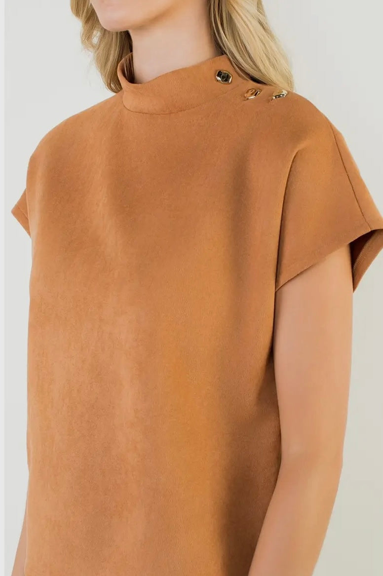 Button Detail Short Sleeve Suede Top
