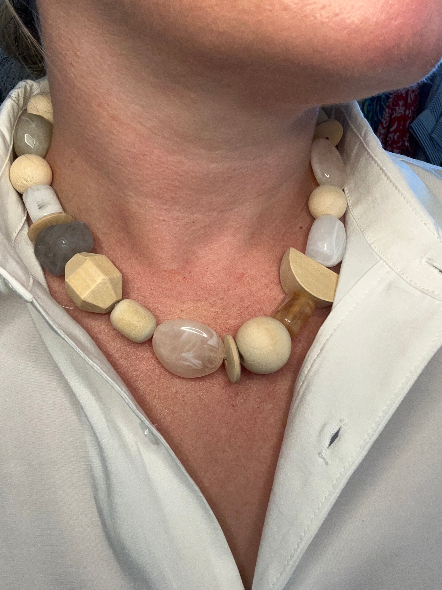 Chunky Wood & Faux Stone Multi Shape Necklace