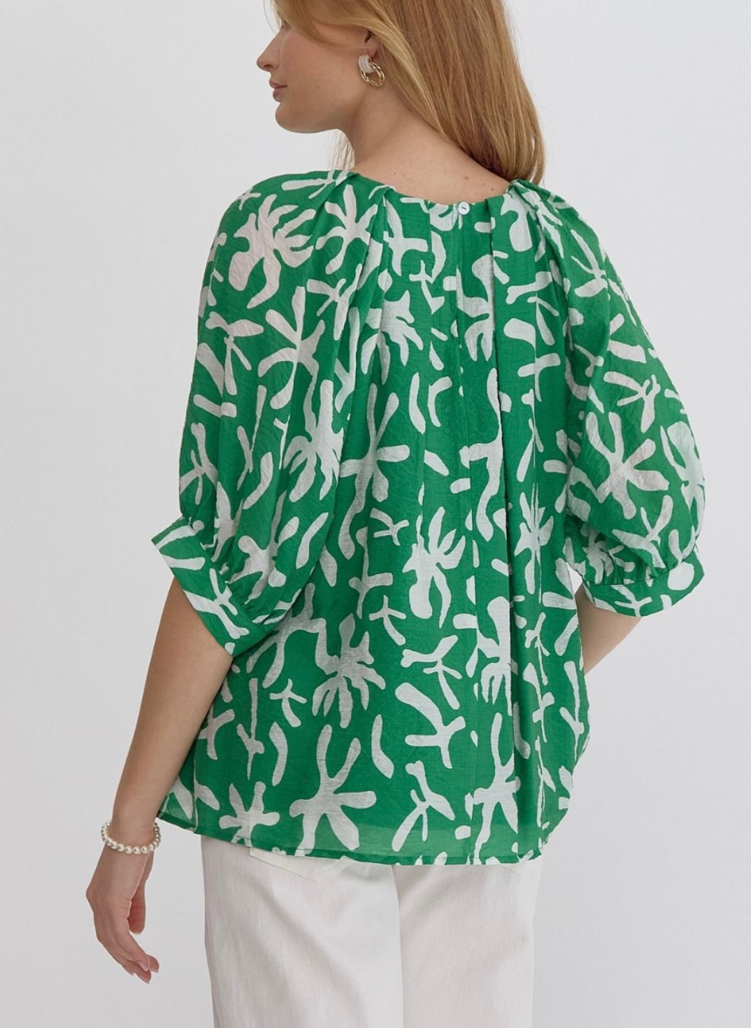 Green + White Abstract print top