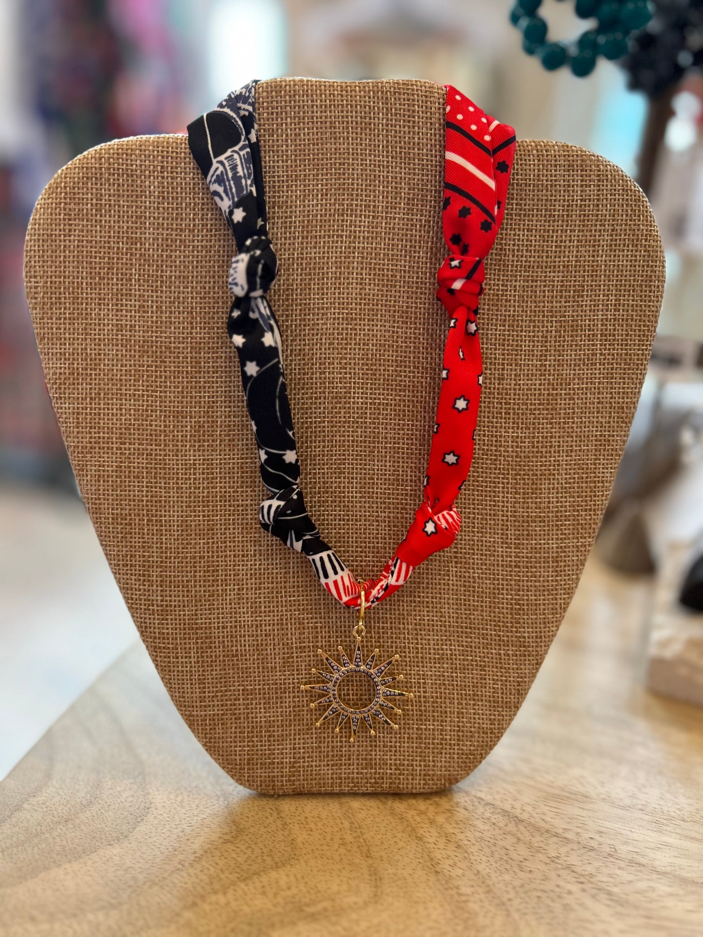 Black + Red Scarf Necklace with Black Sun