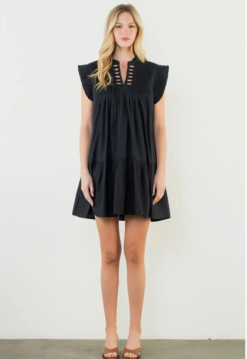 Pleated Split Neck Bow Detail Dress