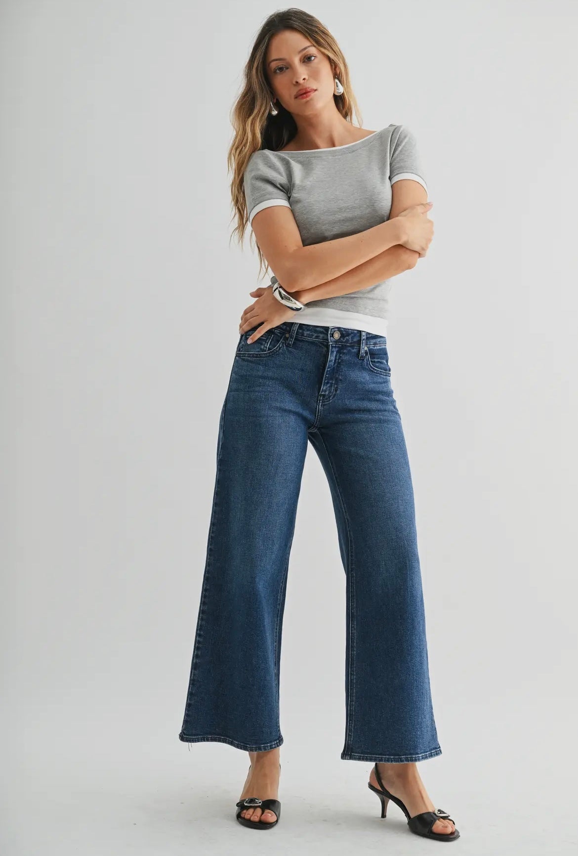 Mid Rise Slim Wide Leg Dark Denim