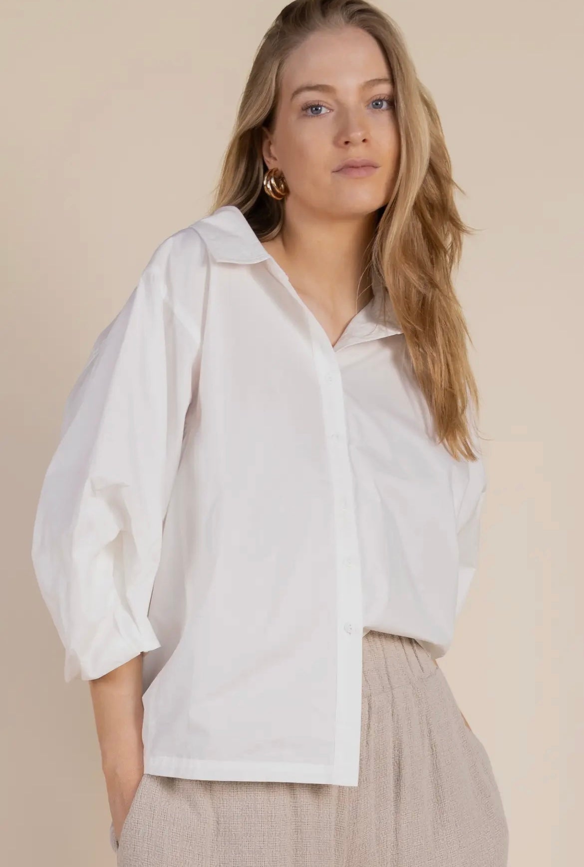 Poplin Bishop Sleeve Button Up Shirt