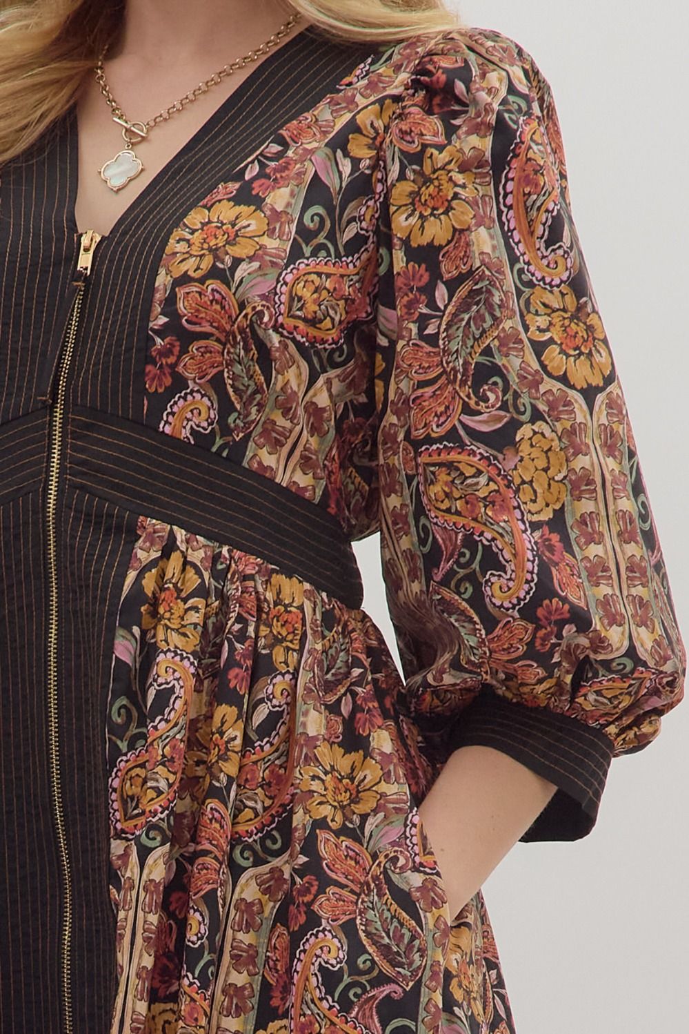 Paisley print puff midi dress