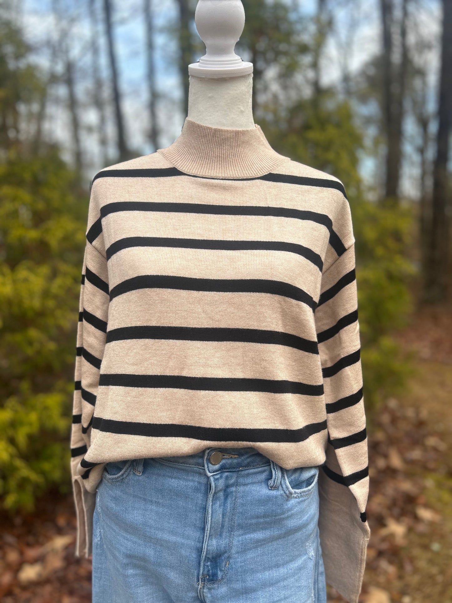 Khaki striped sweater with bell sleeve
