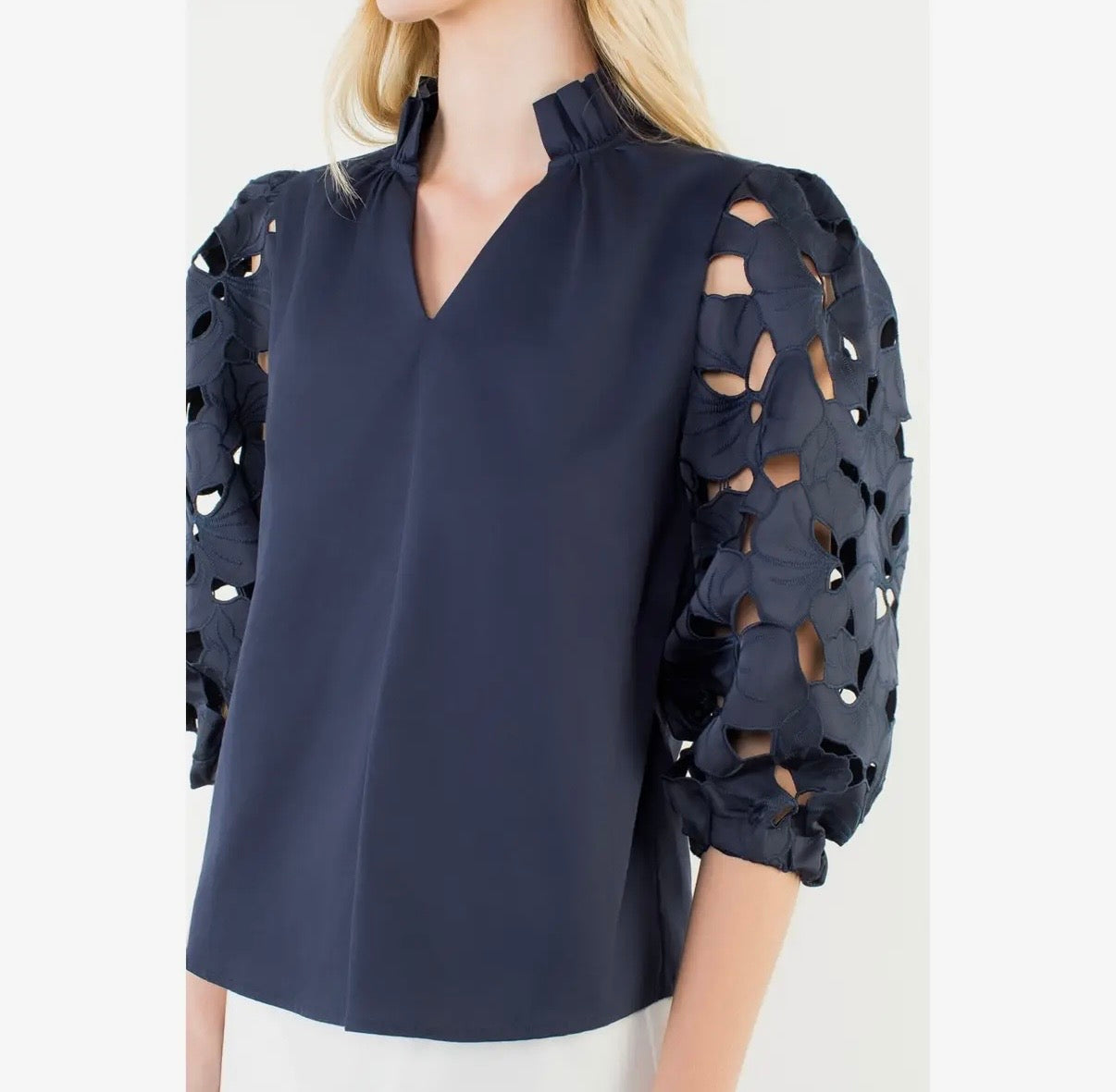 Navy Eyelet Detail Long Sleeve Top