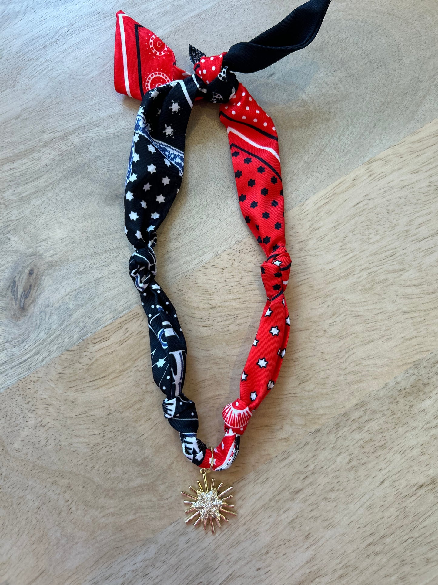 Black + Red Scarf Necklace with Bright Star