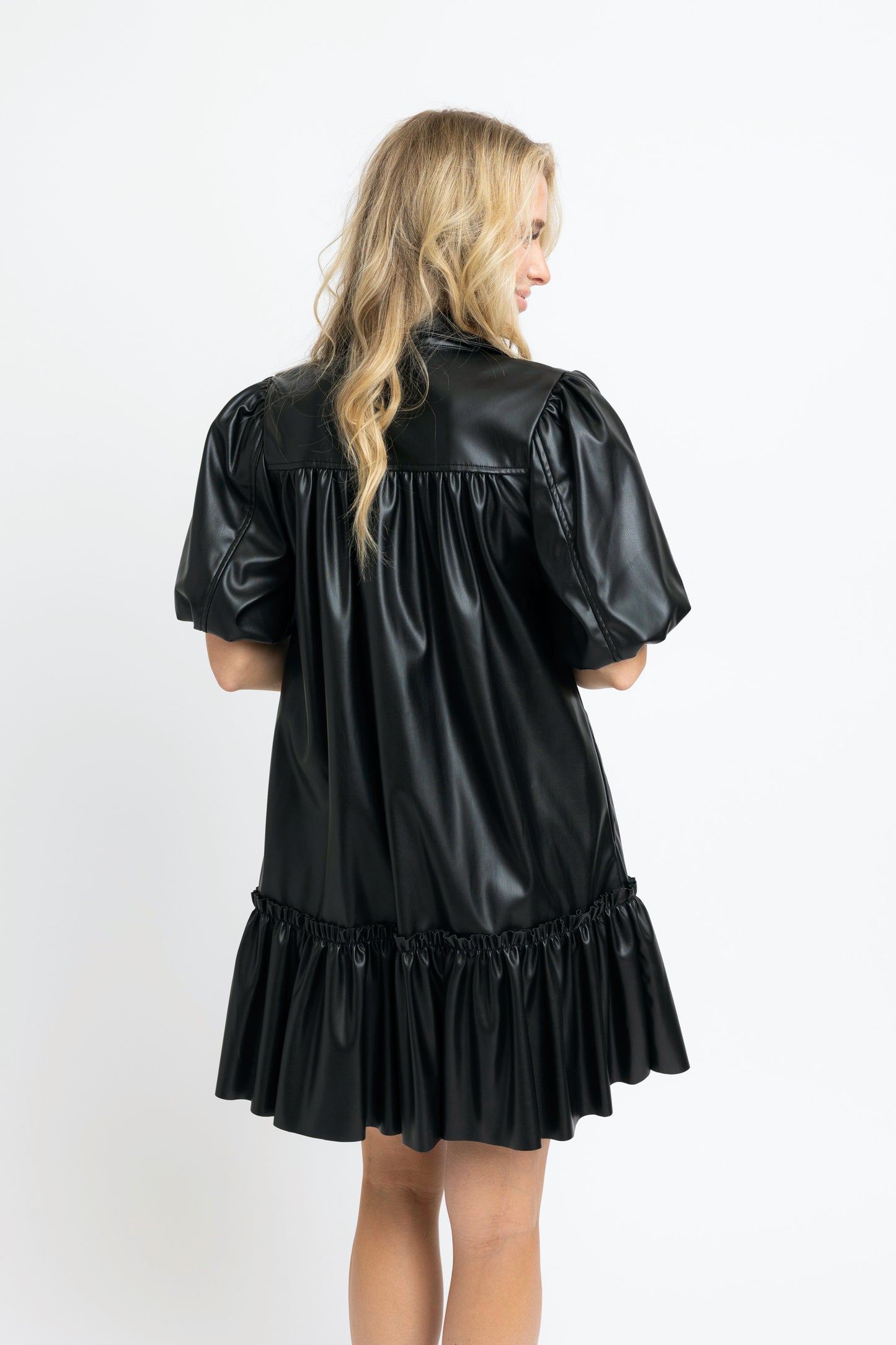 Solid, leather puff sleeve ruffle dress