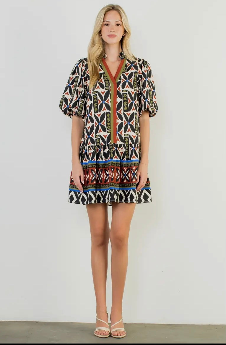 V-neck dress with puff sleeves