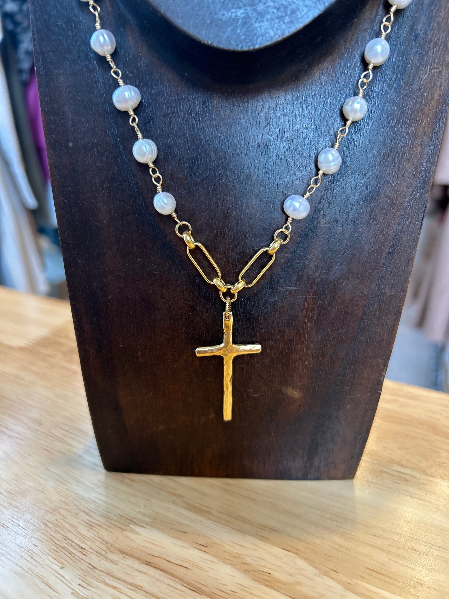 Pearl chain necklace with long cross charm