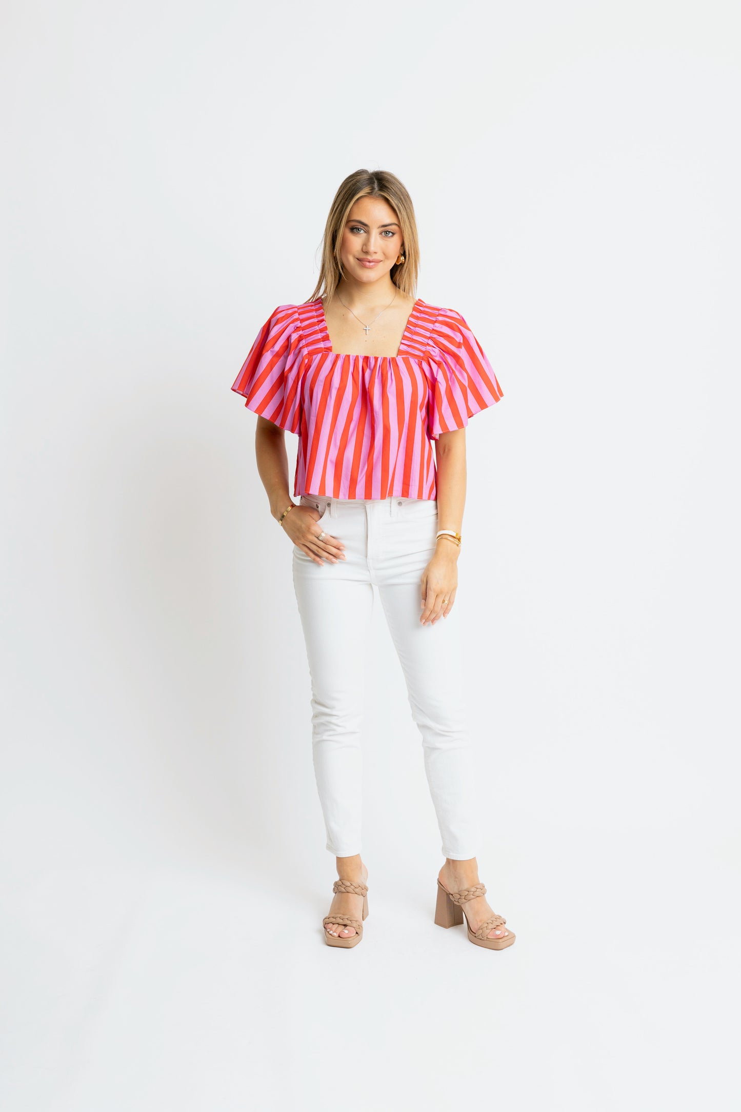 Striped square neck poplin top