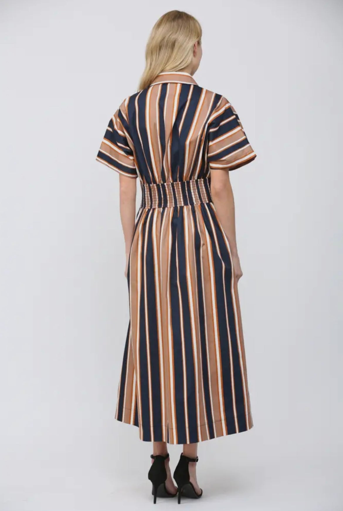 Stripe Print Cinched Waist Dolman
Sleeve Shirt Dress