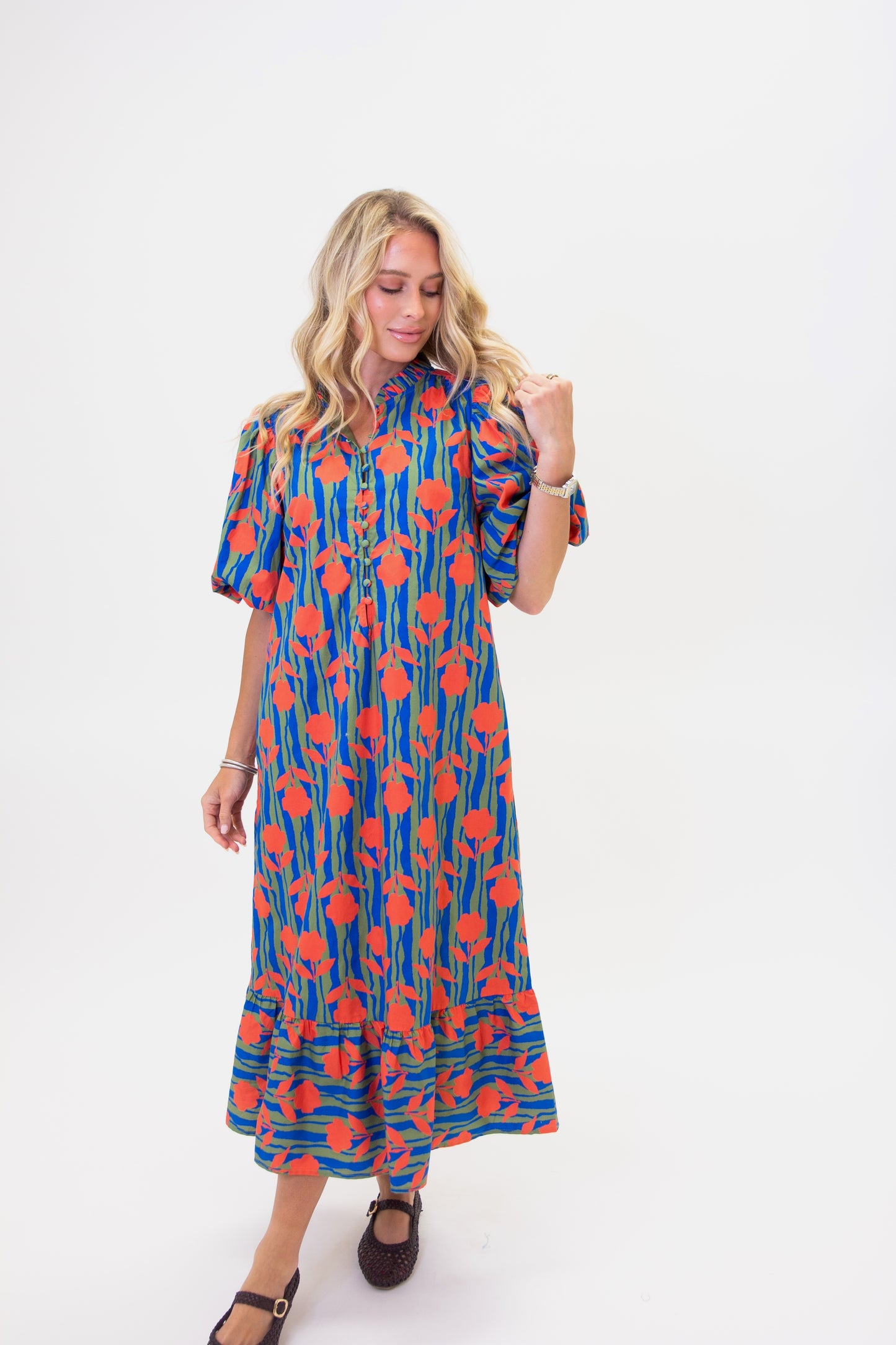 Stripe modern floral puff sleeve maxi dress
