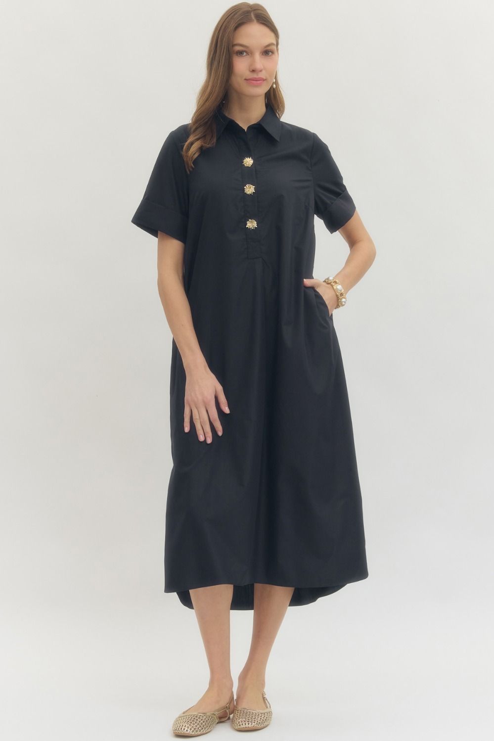 Short sleeve maxi dress with gold buttons (three colors!)