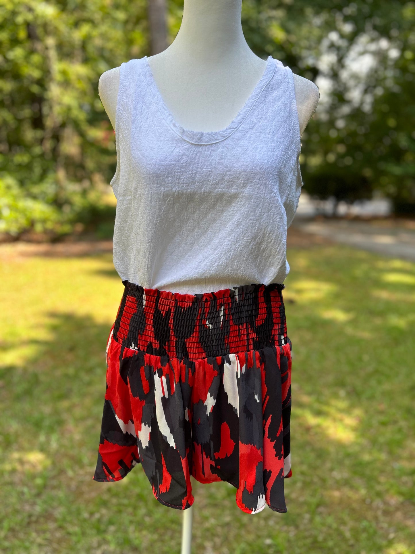 Red + black abstract shorts