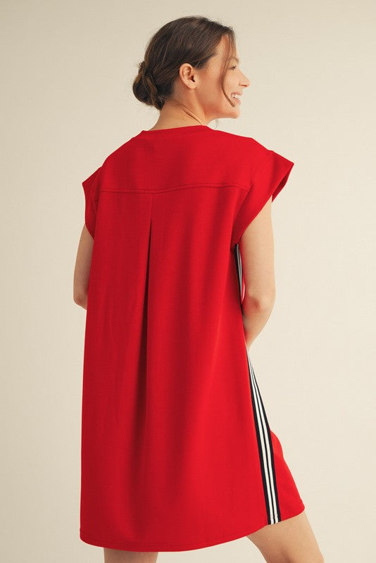 Red dress with black + white stripes