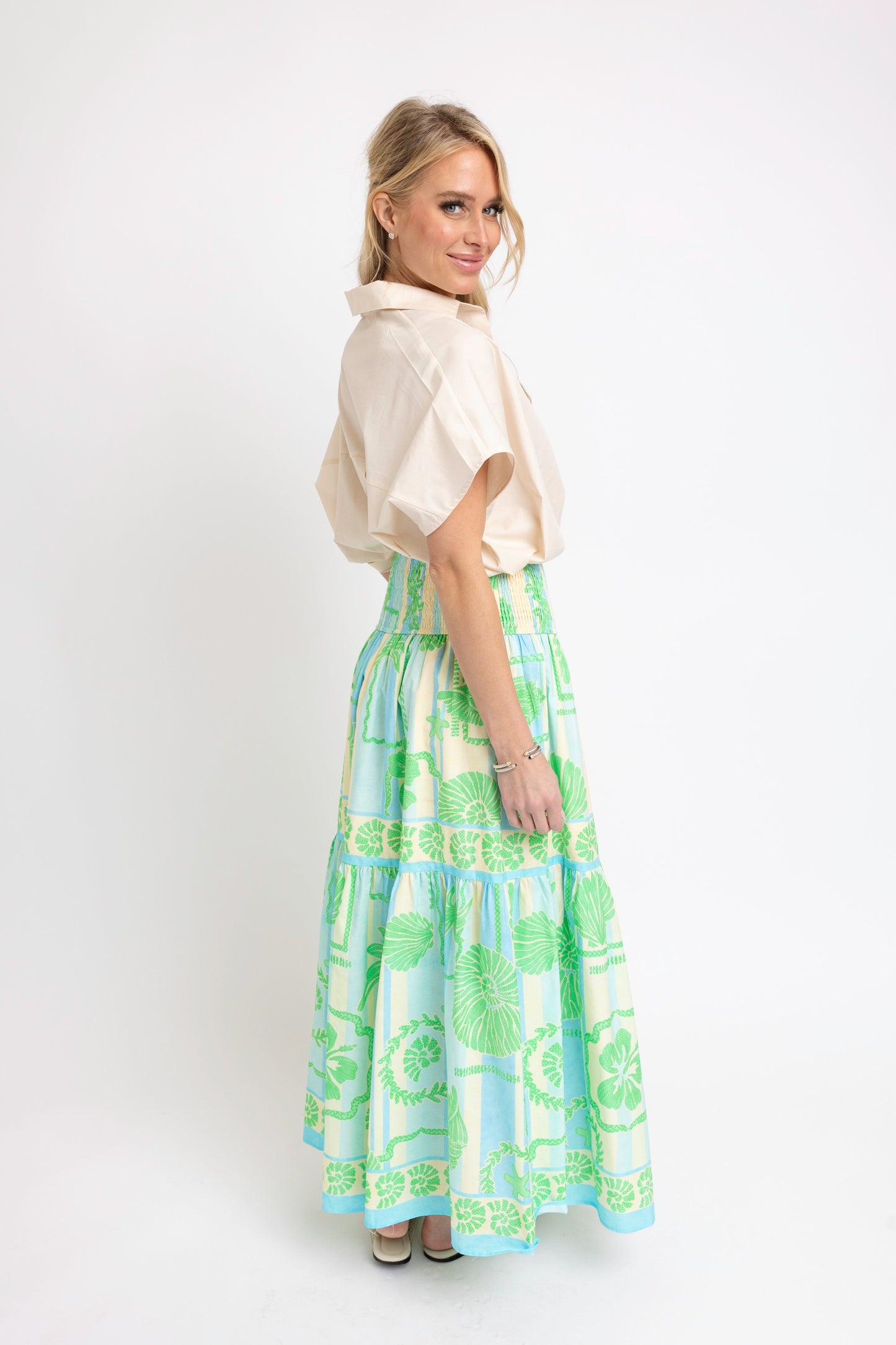 Sea Shell Poplin Smock Tier Maxi Skirt