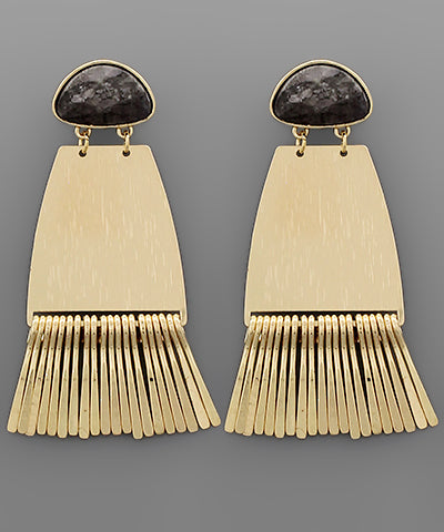 Gold fringe earrings with grey stone