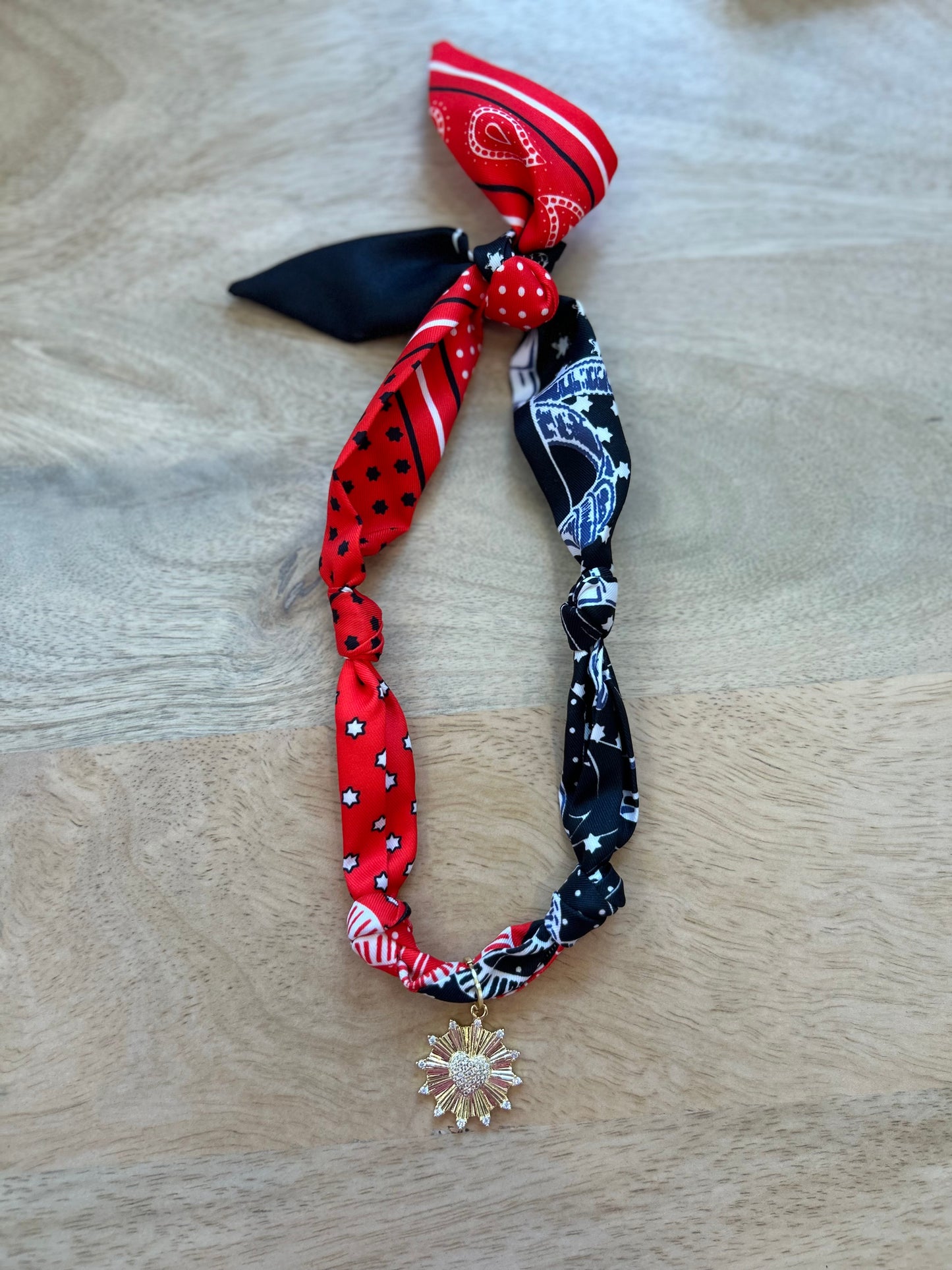 Black + Red Scarf Necklace with Sunny Heart