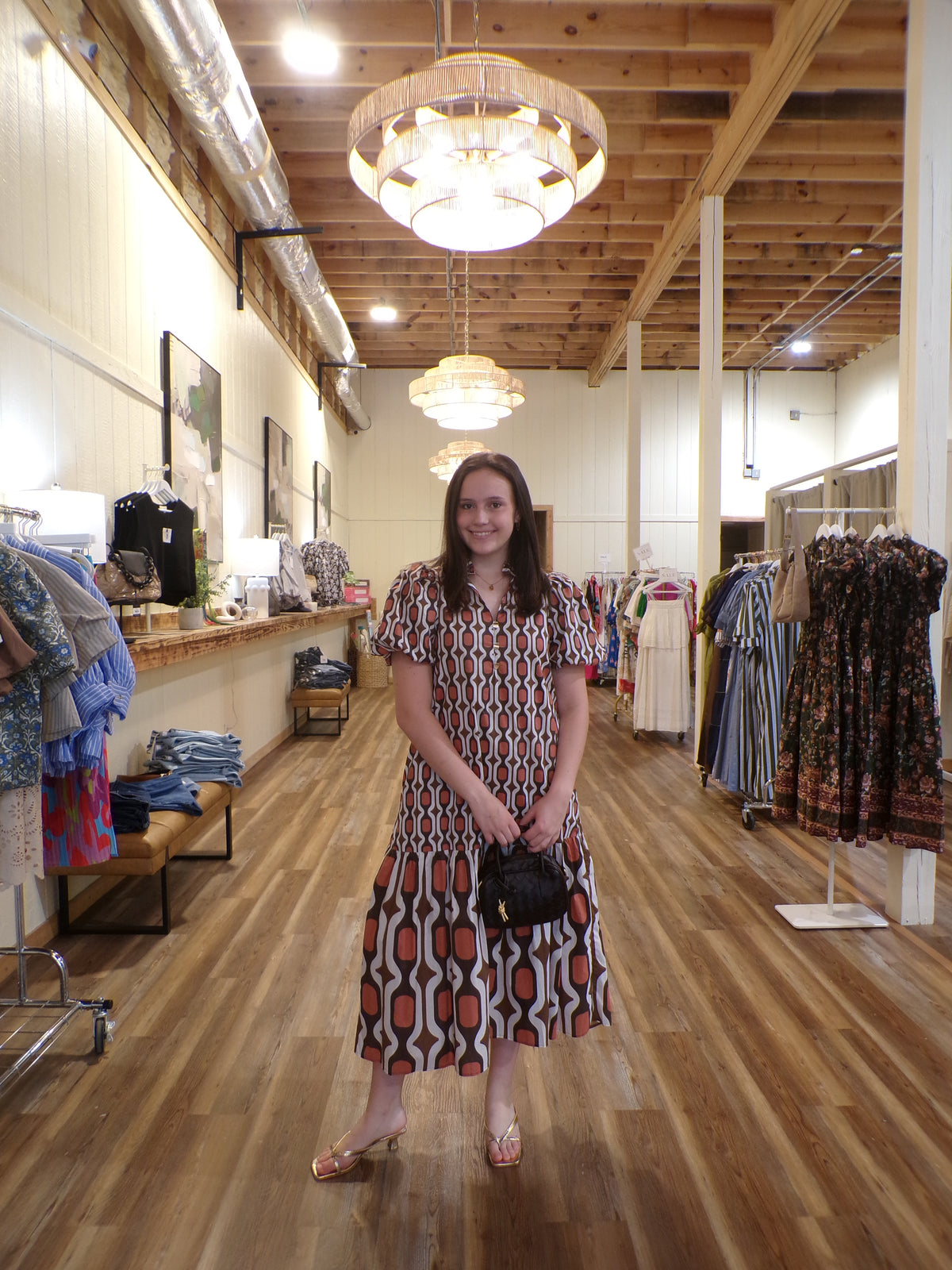 Brown geometric print midi dress