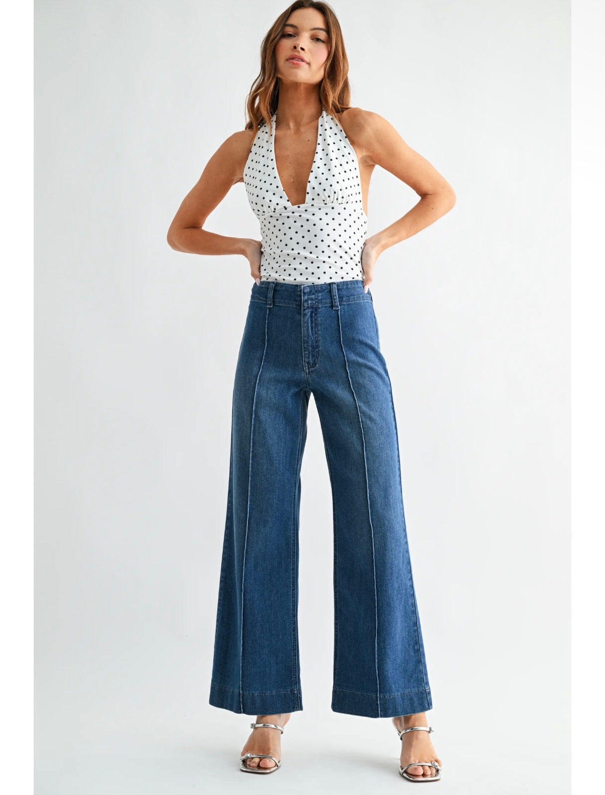 Pintuck High Rise Trouser Wide Leg-Medium Denim