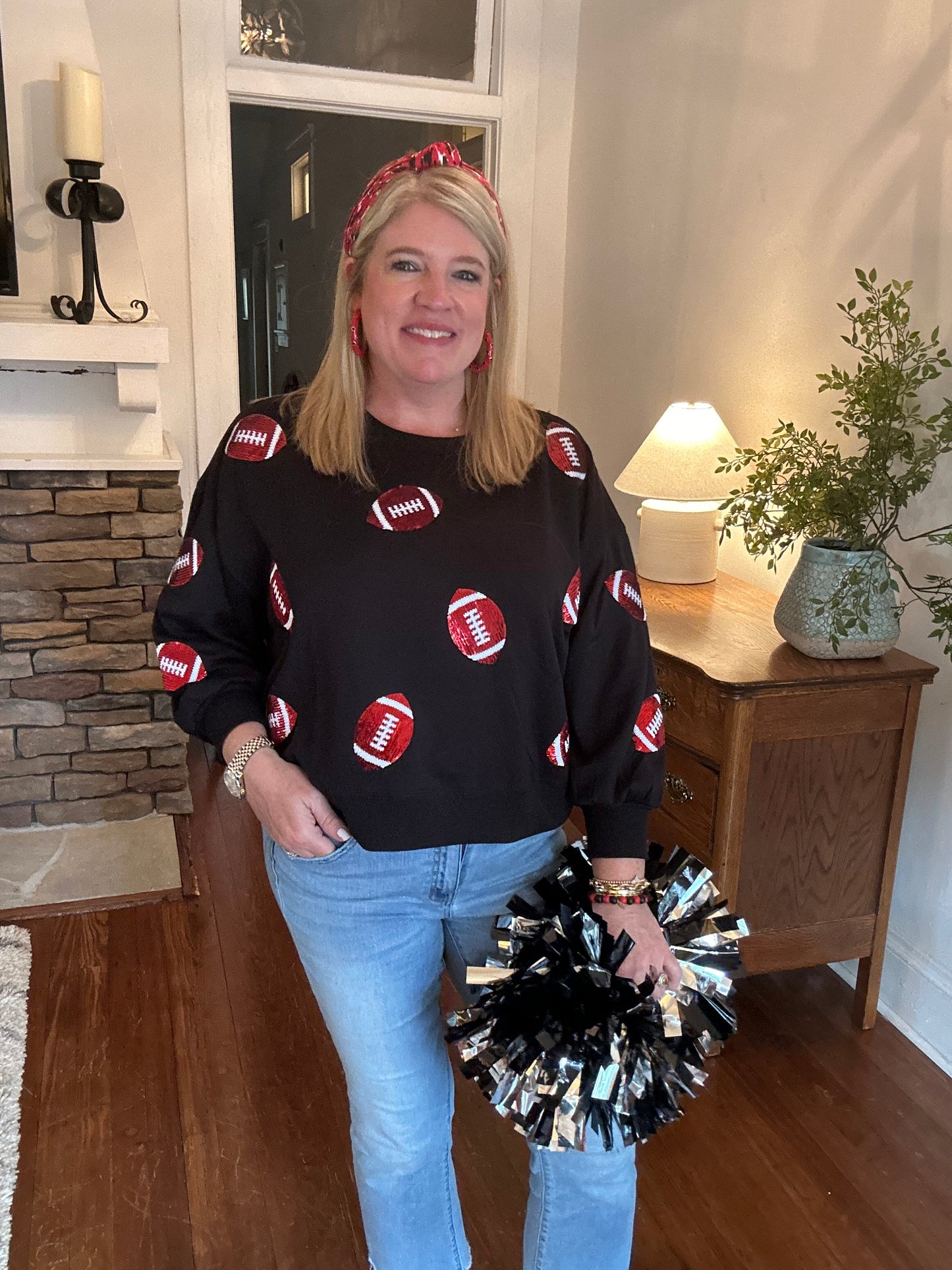 Black and red sequin football sweatshirt