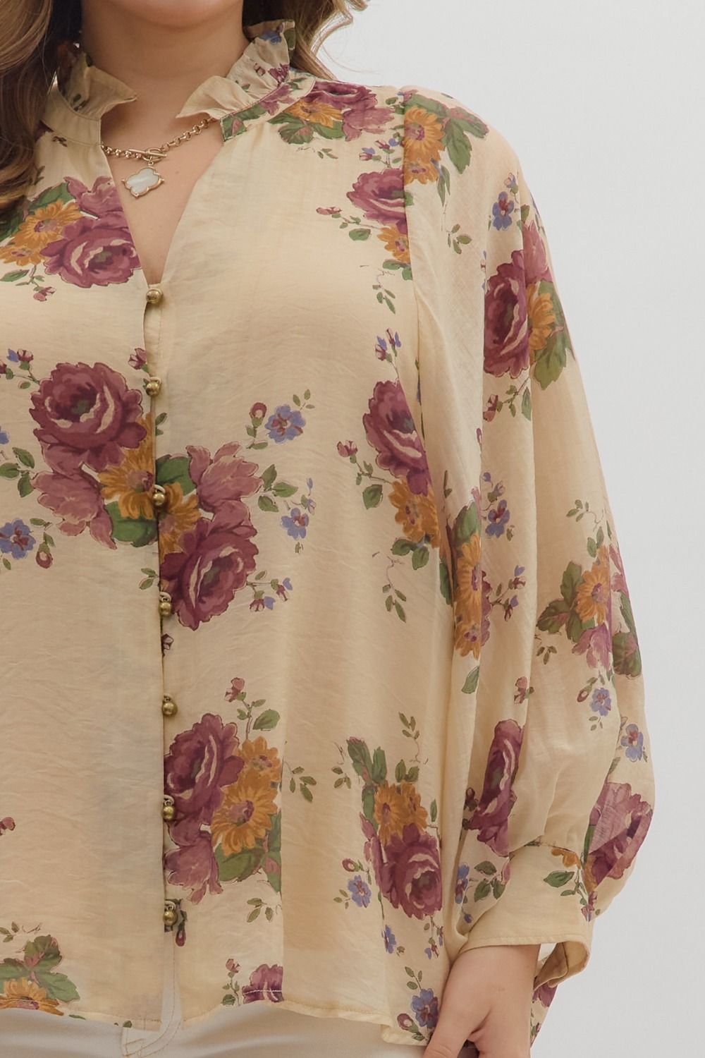 Floral print, long puff sleeve top – Plus