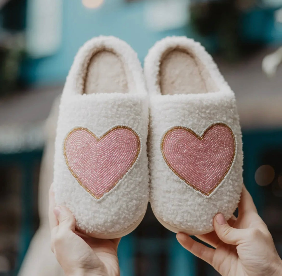 Beaded Pink & Gold Heart Slippers