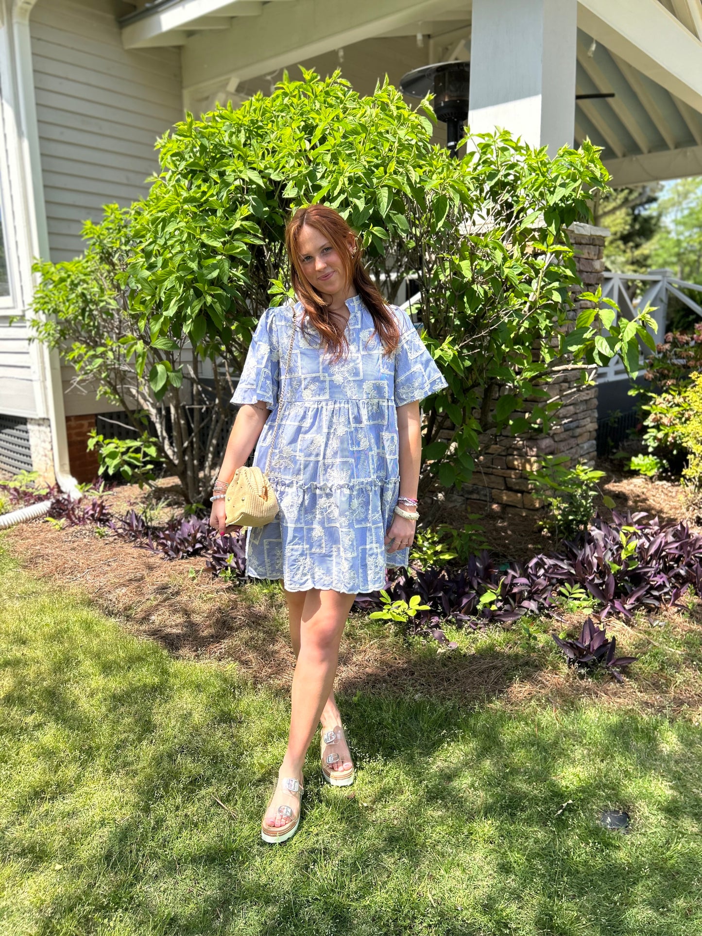 Striped Cotton Floral
Embroidered Tiered Woven Dress
