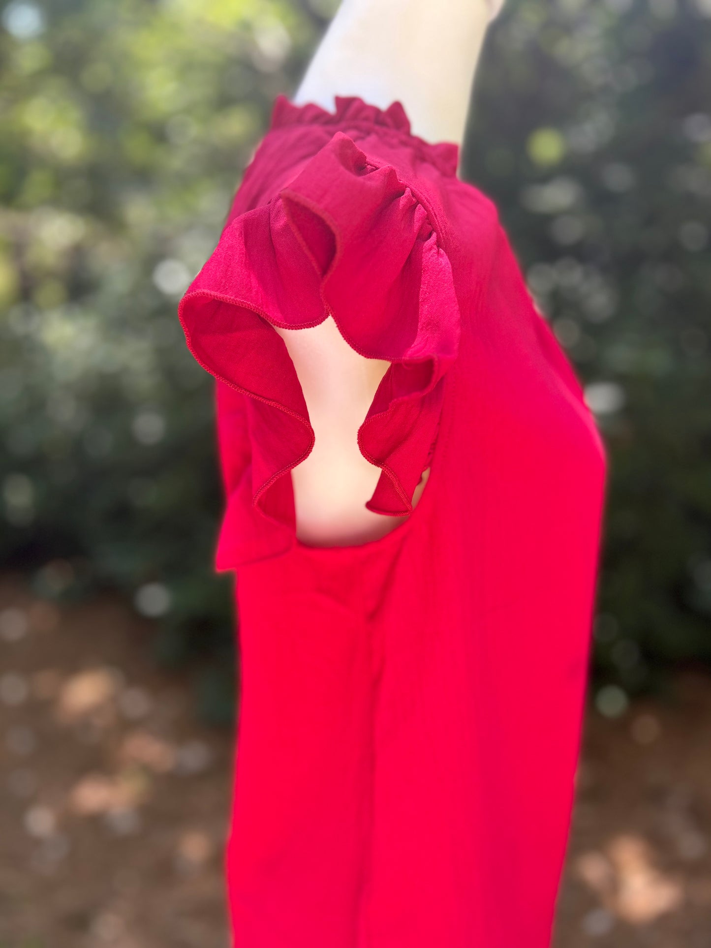Colorblock top in white and crimson.